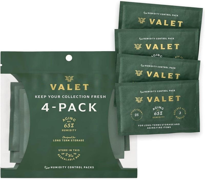 VALET 65% Two-Way Humidity Packs for Aging and Long Term Storage, 4-Pack, 60g Each, Prevents Leaks and Controls Moisture with Natural Craft Paper Design, Resealable Bag - Image 1